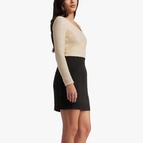 DRESS THE POPULATION Cream/Black Chante Long Sleeve Mini Dress/Size Small - Picture 1 of 4